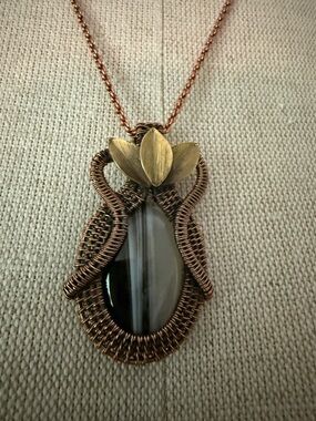 Handcrafted Copper Wire Wrapped Black Agate Pendant Necklace